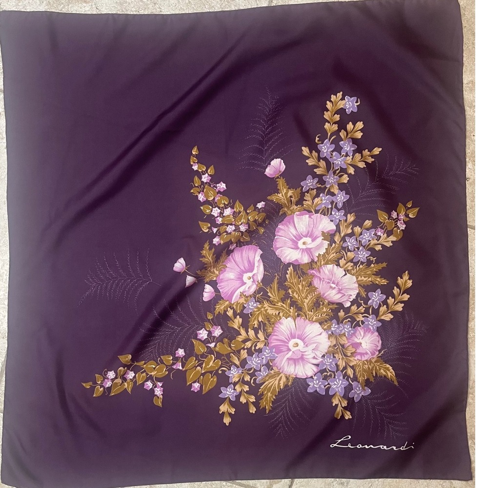 Vintage Leonardi Italian Purple Pink Gold Floral Square Scarf Spring Easter 30"